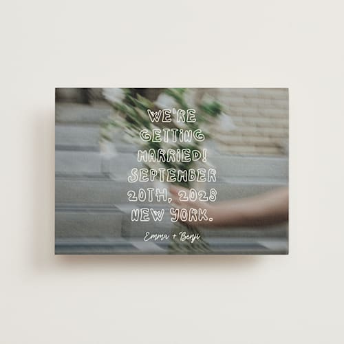 This is a vanilla save the date postcards with standard by Helena Vitto called cool kids printing on signature in postcard
