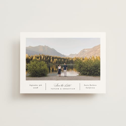 This is a alabaster save the date postcards with standard by Erica Krystek called simple columns printing on signature in postcard