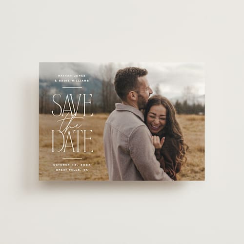This is a cotton save the date postcards with standard by Owl and Toad called monument printing on signature in postcard