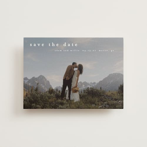 This is a cotton save the date postcards with standard by Stacey Meacham called typographic header printing on signature in postcard