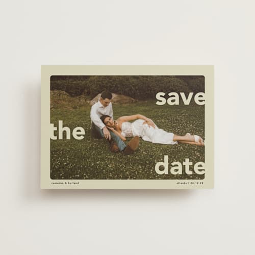 This is a mint save the date postcards with standard by Lori Wemple called save.the.date printing on signature in postcard