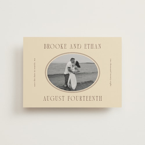 This is a buttercream save the date postcards with standard by Angela Garrick called ethan printing on signature in postcard