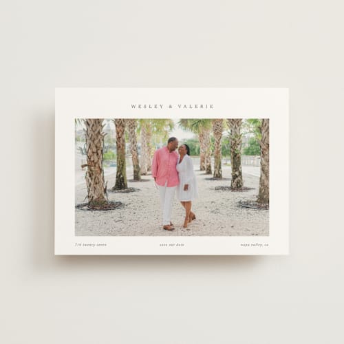 This is a charcoal save the date postcards with standard by Blustery August called simplicity printing on signature in postcard