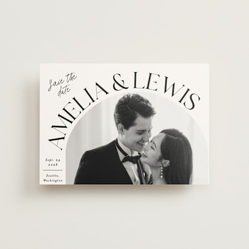 This is a ivory save the date postcards with standard by Alethea and Ruth called side curve printing on signature in postcard