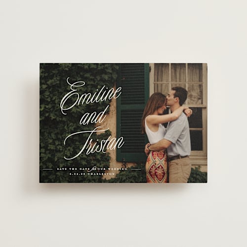 This is a cotton save the date postcards with standard by Susan Zinader called sentimental script printing on signature in postcard