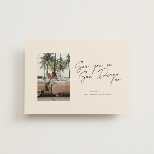 This is a mellow save the date postcards with standard by Inkblot Design called heated printing on signature in postcard