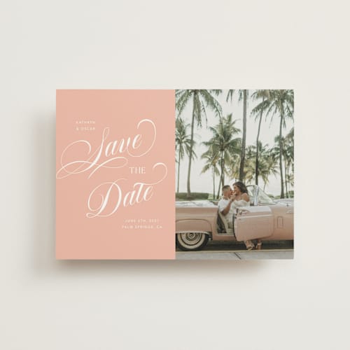 This is a peach save the date postcards with standard by Morgan Kendall called palm springs printing on signature in postcard