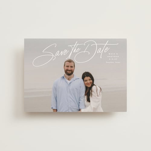 This is a snow save the date postcards with standard by Lauren Chism called sweetest love printing on signature in postcard
