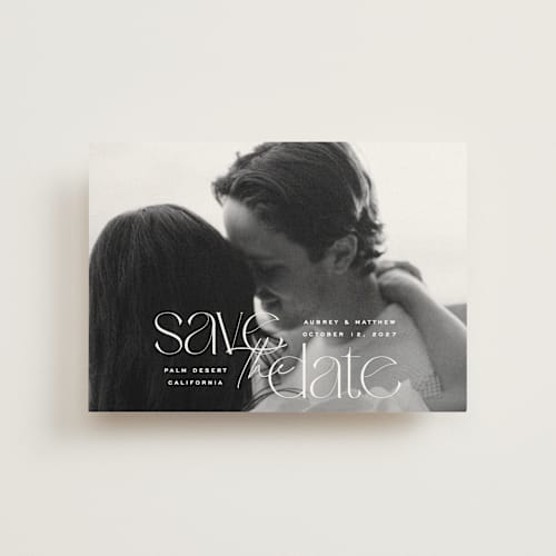This is a moonstone save the date postcards with standard by Owl and Toad called type layers printing on signature in postcard