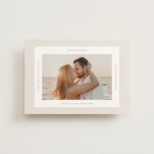 This is a ivory save the date postcards with standard by Tamara Hilje called horizonte printing on signature in postcard