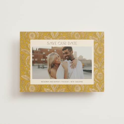 This is a marigold save the date postcards with standard by Jen Owens called morris printing on signature in postcard