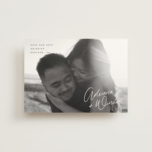This is a cotton save the date postcards with standard by Hooray Creative called adriana printing on signature in postcard