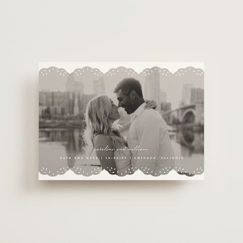 This is a snow save the date postcards with standard by Lauren Chism called luxe lace printing on signature in postcard