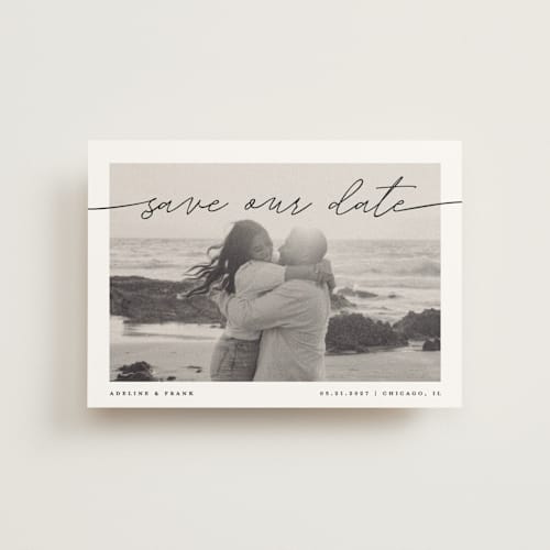 This is a tuxedo save the date postcards with standard by Pixel and Hank called simple details printing on signature in postcard