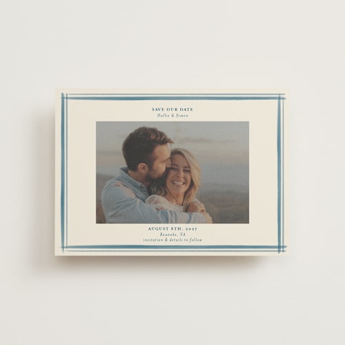 This is a indigo save the date postcards with standard by Hannah Bowman called gingham border printing on signature in postcard