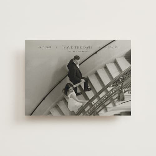 This is a noir save the date postcards with standard by Tamara Hilje called in line printing on signature in postcard