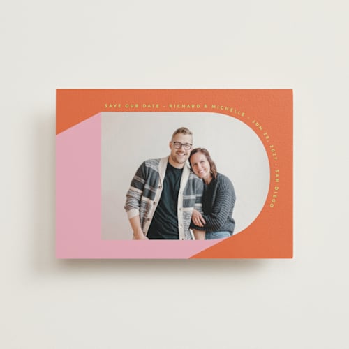 This is a tangerine save the date postcards with standard by Katie Zimpel called pop art printing on signature in postcard