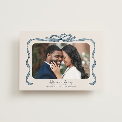 This is a blueberry save the date postcards with standard by Paper Sun Studio called tied together printing on signature in postcard