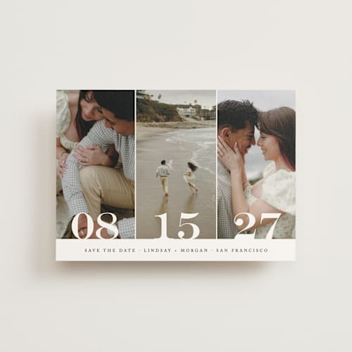 This is a noir save the date postcards with standard by Kimberly FitzSimons called trio printing on signature in postcard