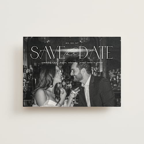 This is a pearl save the date postcards with standard by Brooke Chandler called elegant fete printing on signature in postcard