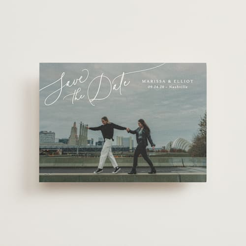 This is a pearl save the date postcards with standard by Kaydi Bishop called on the horizon printing on signature in postcard