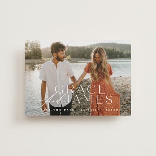 This is a snow save the date postcards with standard by Angela Thompson called namesake printing on signature in postcard