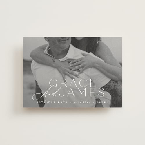 This is a snow save the date postcards with standard by Angela Thompson called namesake printing on signature in postcard