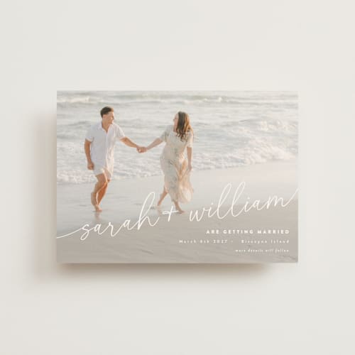 This is a ivory save the date postcards with standard by Jessie Steury called sweet script printing on signature in postcard