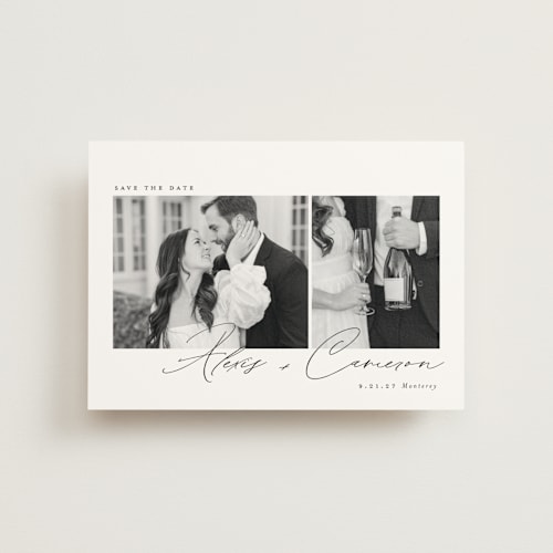 This is a noir save the date postcards with standard by Emily Betts called simple two printing on signature in postcard