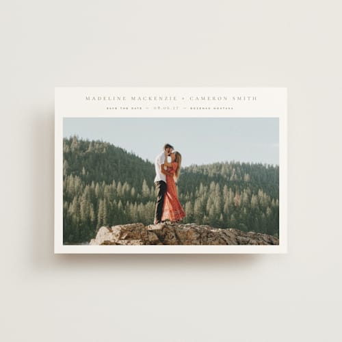 This is a eucalyptus save the date postcards with standard by Wildfield Paper Co called lake printing on signature in postcard