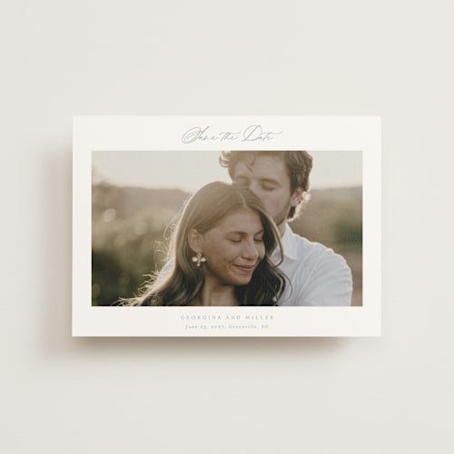 This is a dusty blue save the date postcards with standard by Stacey Meacham called modern air printing on signature in postcard