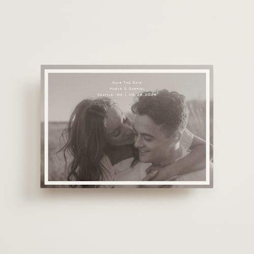 This is a quartz save the date postcards with standard by Jenny Millington called boxed in printing on signature in postcard