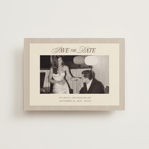 This is a maroon save the date postcards with standard by Pati Cascino called sienna printing on signature in postcard
