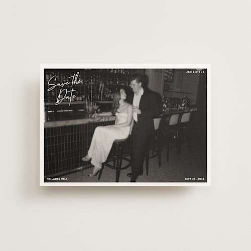 This is a cloud save the date postcards with standard by Inkblot Design called corners printing on signature in postcard