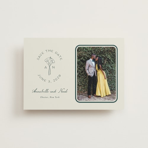 This is a sage save the date postcards with standard by Leah Bisch called pair of calla lilies printing on signature in postcard