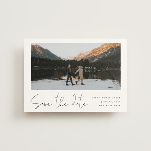 This is a cloud save the date postcards with standard by Katherine Moynagh called scripted style printing on signature in postcard