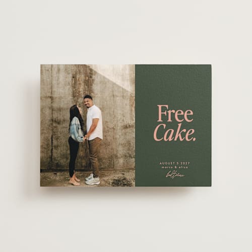 This is a hunter save the date postcards with standard by Erin L. Wilson called free cake printing on signature in postcard