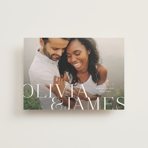 This is a pearl save the date postcards with standard by Lauren Chism called this couple printing on signature in postcard