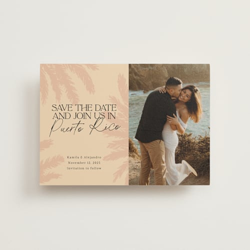 This is a sand save the date postcards with standard by Inkblot Design called destination dream printing on signature in postcard