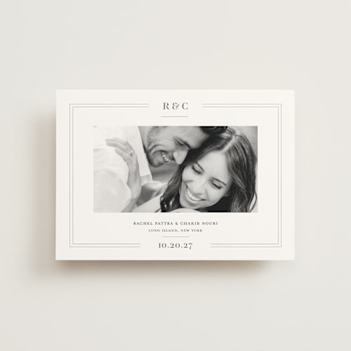 This is a mocha save the date postcards with standard by Meagan Christensen called alcott printing on signature in postcard