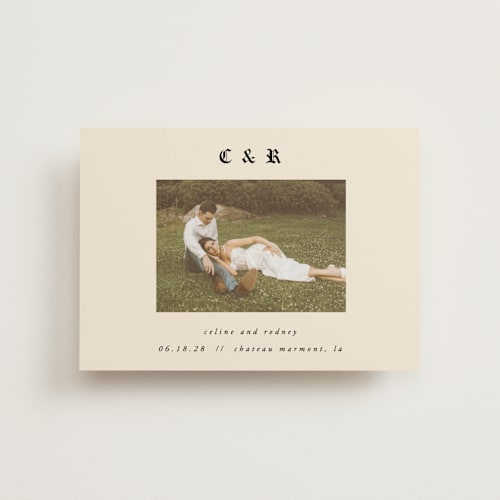 This is a ecru save the date postcards with standard by AK Graphics called marmont printing on signature in postcard