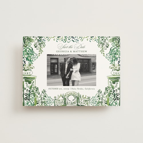 This is a sap save the date postcards with standard by Becky Nimoy called gates and pillars printing on signature in postcard
