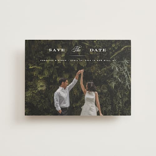 This is a gown save the date postcards with standard by Carolyn MacLaren called proper printing on signature in postcard