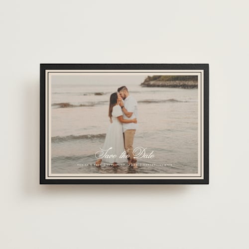 This is a raven save the date postcards with standard by chocomocacino called krytharaki printing on signature in postcard