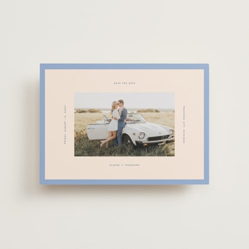 This is a french save the date postcards with standard by Pixel and Hank called thread printing on signature in postcard