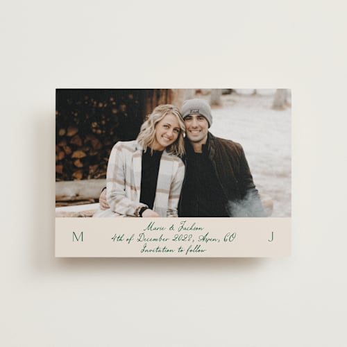 This is a ivory save the date postcards with standard by Petra Kern called simple scripty printing on signature in postcard