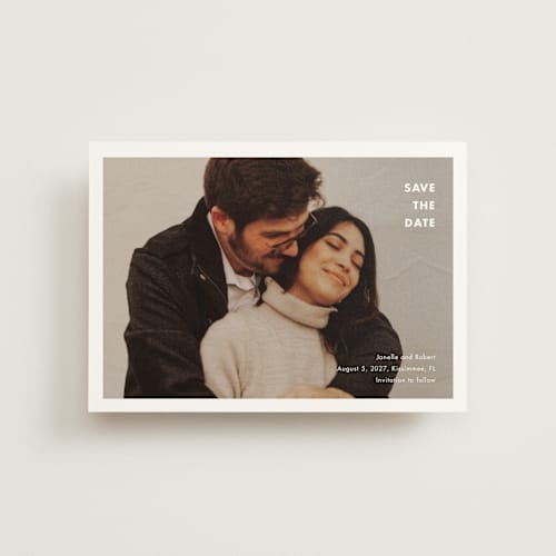This is a cotton save the date postcards with standard by Stacey Meacham called minimalist border printing on signature in postcard
