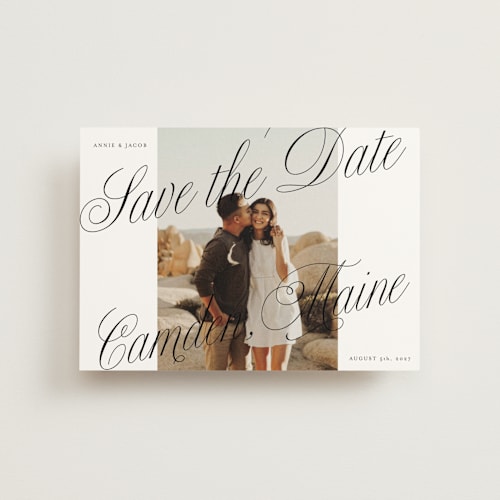 This is a snow save the date postcards with standard by Katharine Watson called bold script frame printing on signature in postcard
