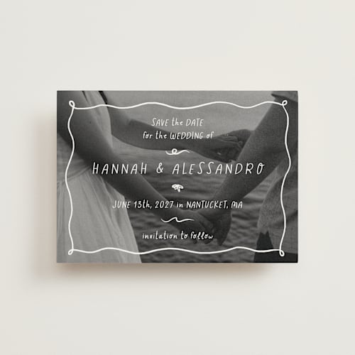 This is a snow save the date postcards with standard by Emily Sabol Goss called whimsical printing on signature in postcard