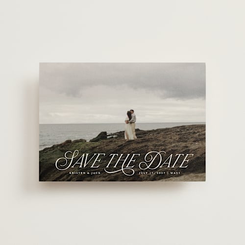 This is a porcelain save the date postcards with standard by Sarah Brown called story book printing on signature in postcard